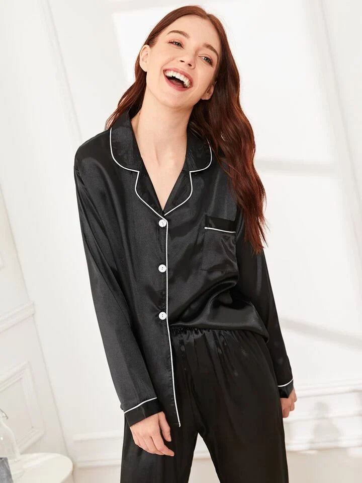 100% Pure Silk Pajama Set | Contrast Piping